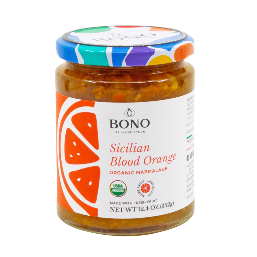 Bono front jar showing blood orange marmalade and vibrant label benefit