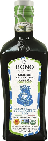 Bono front packaging showing Val di Mazara PDO and organic badge for authenticity