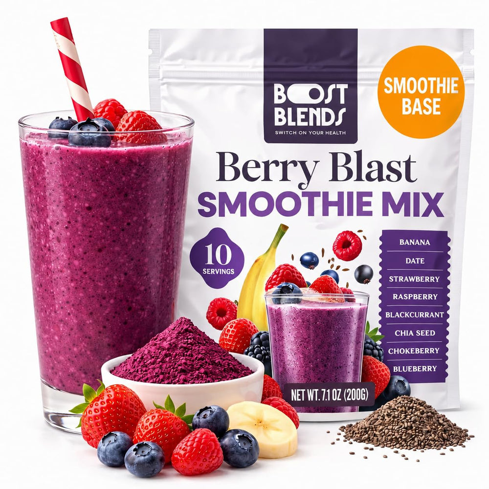 BOOST BLENDS front packaging showing product and servings benefit convenience
