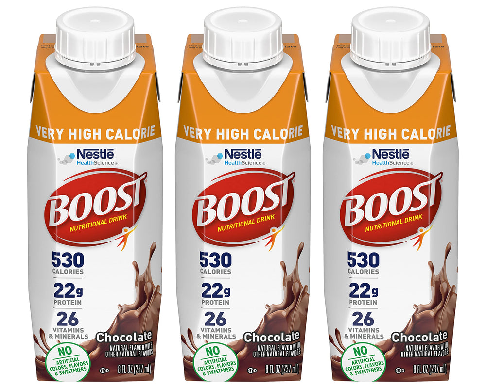 BOOST front packaging showing three chocolate bottles and convenience
