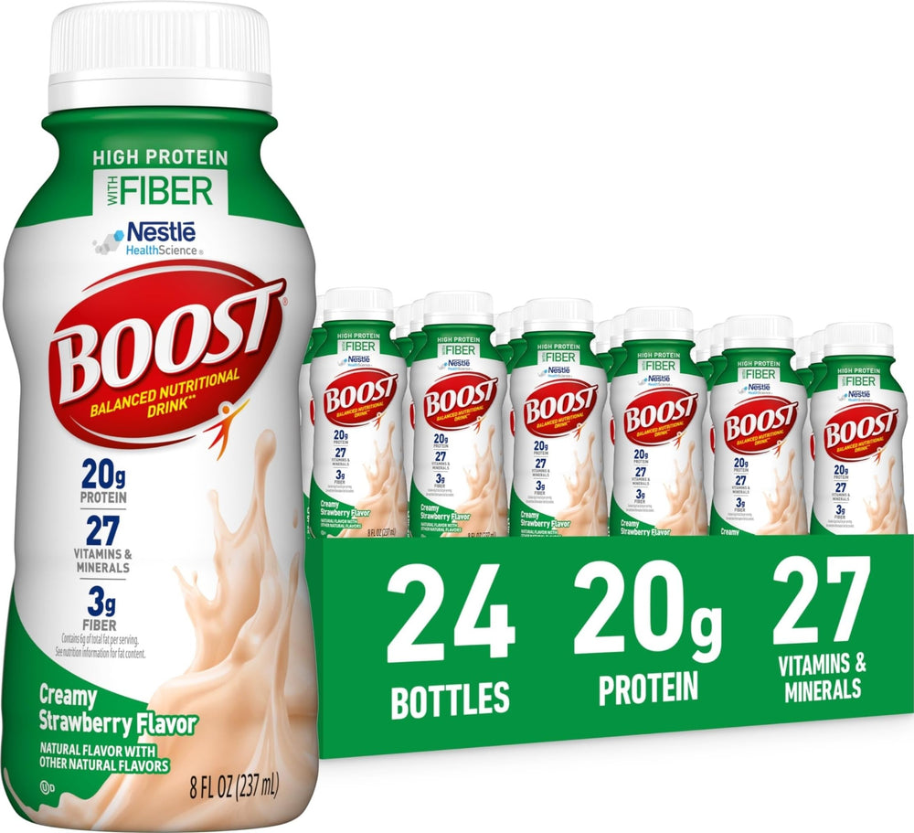 BOOST bottle front packaging showing creamy strawberry flavor and benefits