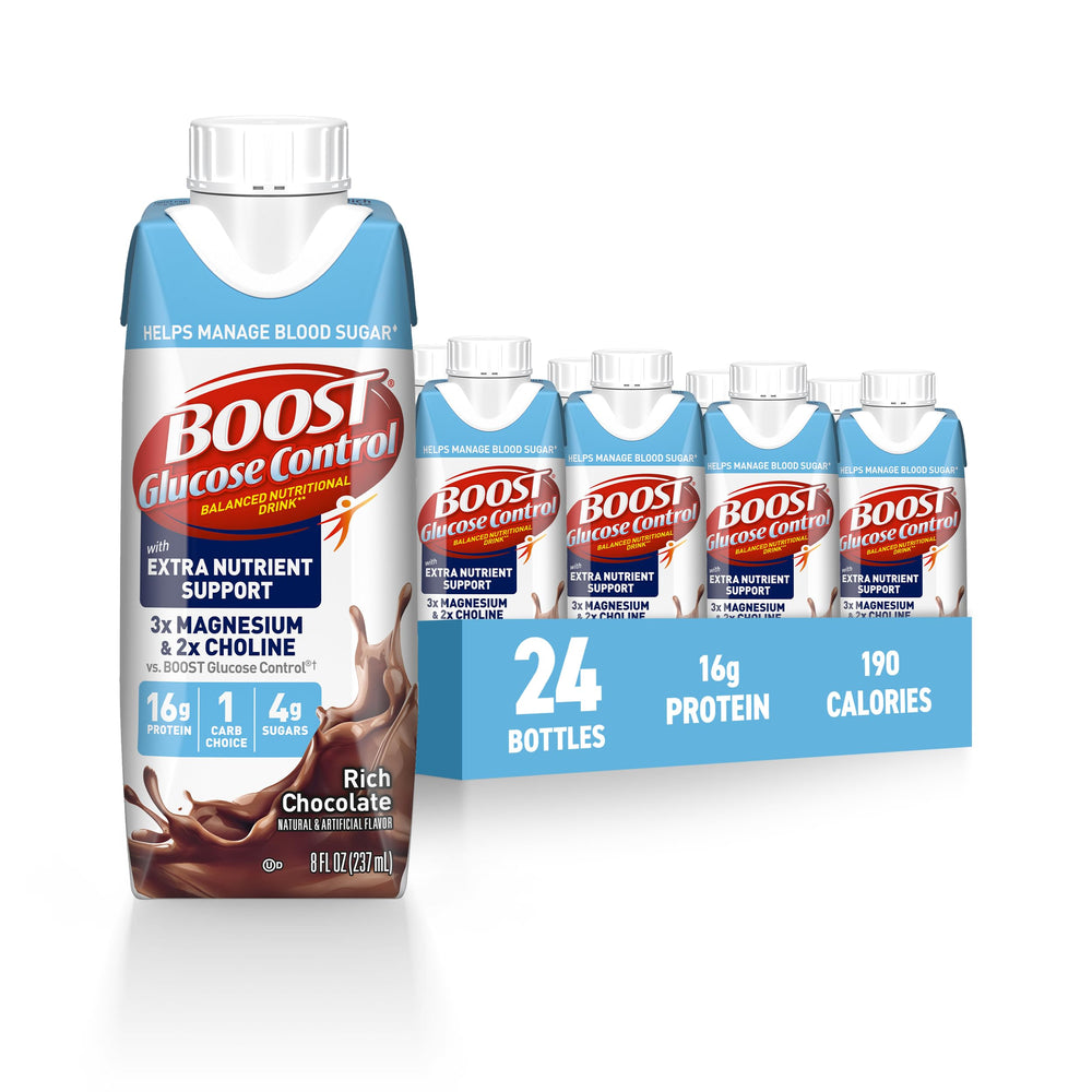 BOOST front packaging showing chocolate bottle and benefits