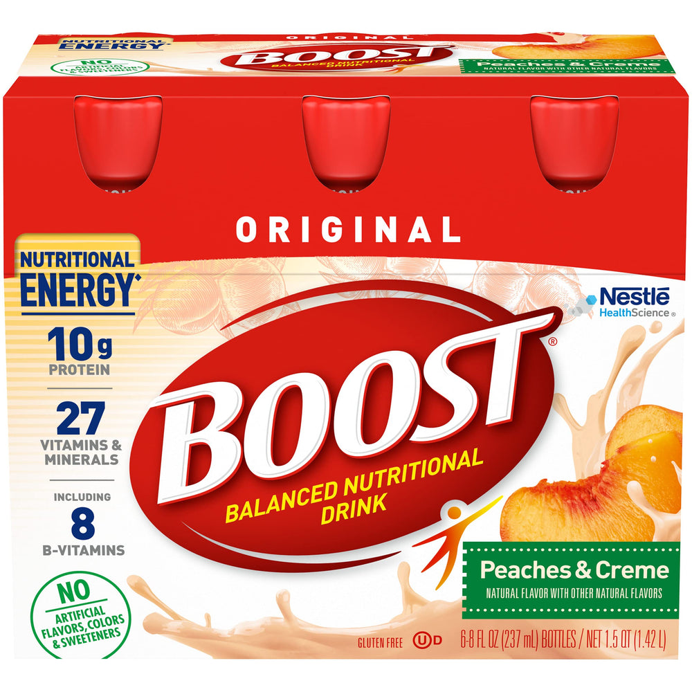 BOOST front packaging showing peaches & crème bottle and nutrition facts benefit convenience
