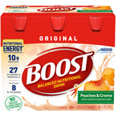 BOOST front packaging showing peaches & crème bottle and nutrition facts benefit convenience