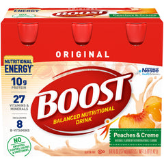 BOOST front packaging showing peaches & crème bottle and nutrition facts benefit convenience