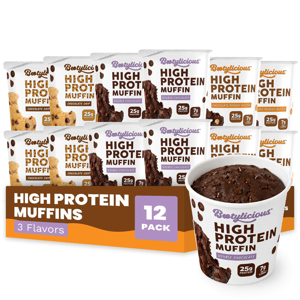 Bootylicious front packaging showing 12-pack and chocolate variety, highlights convenience