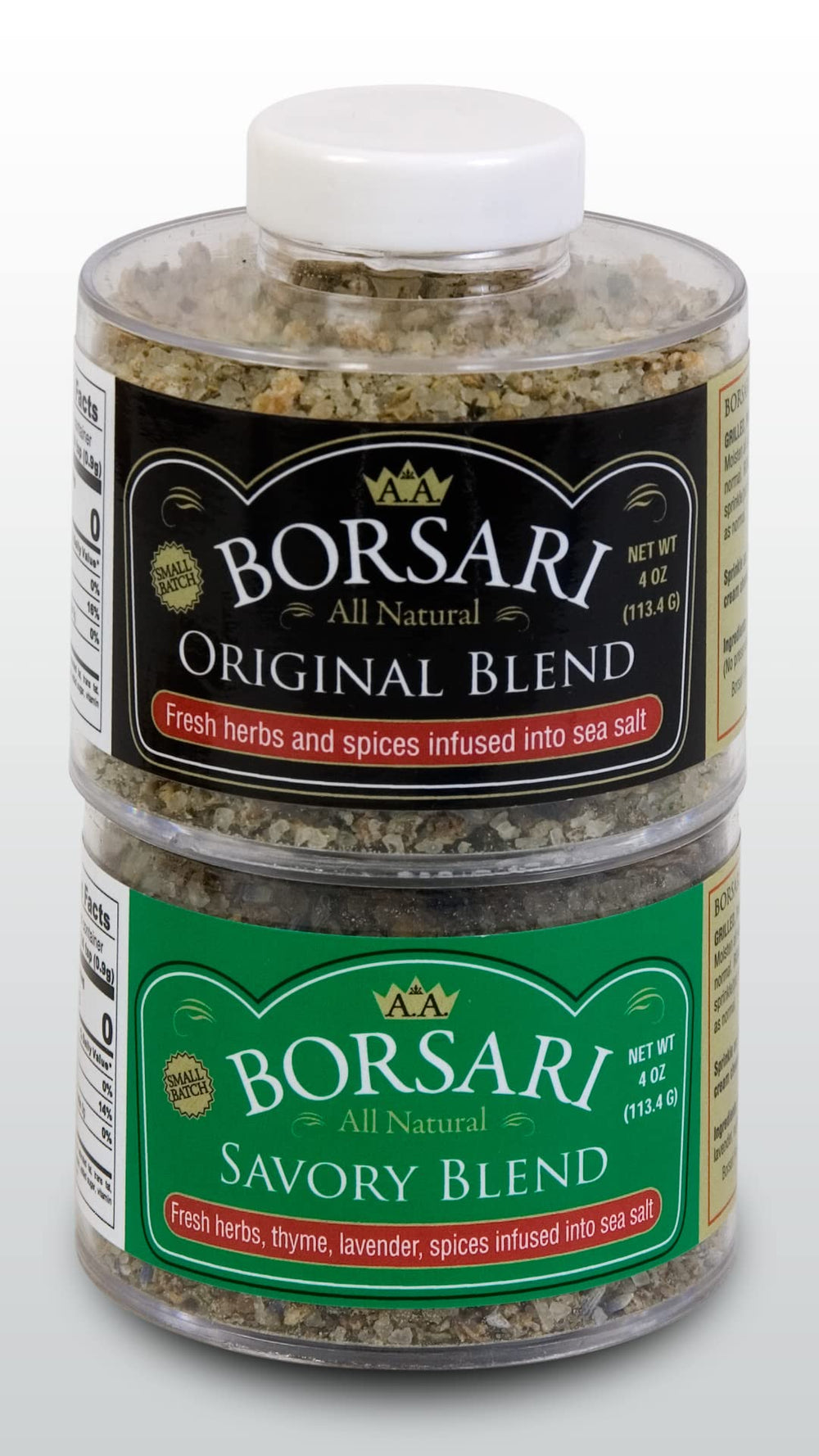 Borsari front packaging showing both 4 oz shakers and branding benefit: clear presentation
