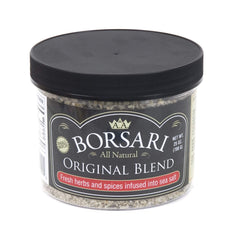 Borsari front packaging showing 25 oz shaker and label, highlights premium quality