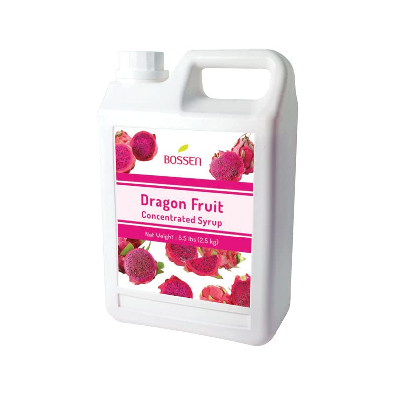 Bossen dragon fruit syrup front packaging showing bottle and bold color benefit