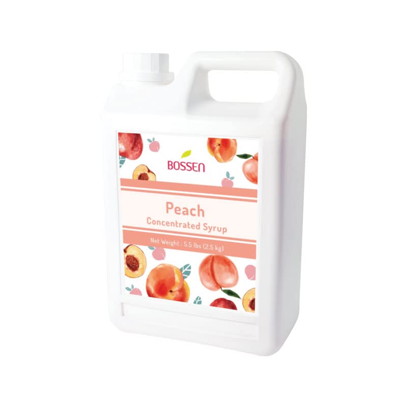 Bossen bottle front label showing peach syrup and serving information for easy selection