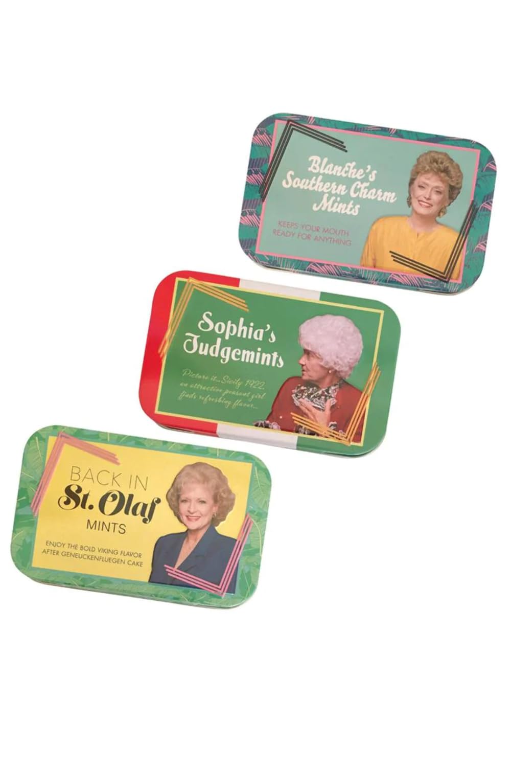 Boston America front view of three Golden Girls tins showing character artwork and gift appeal