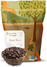 Botanica Origins front packaging of 24 oz baru nuts showing resealable bag and branding
