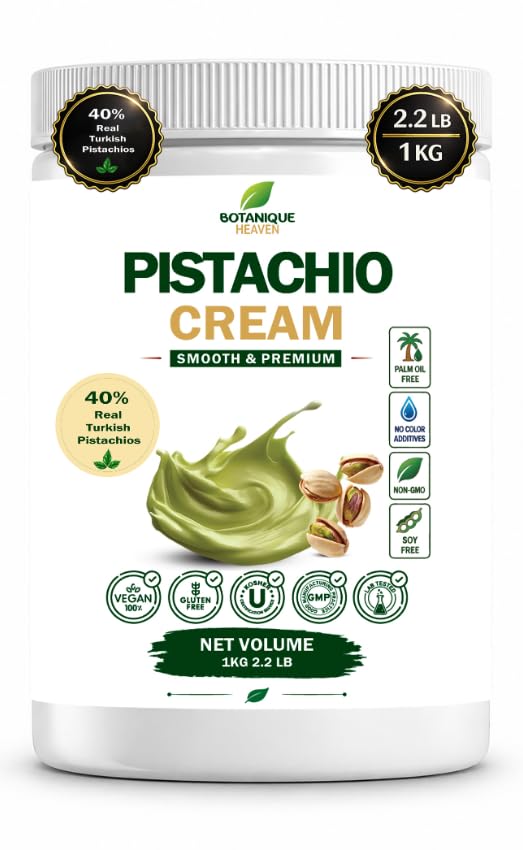 Botanique Heaven jar front view showing premium pistachio spread and clear branding benefit