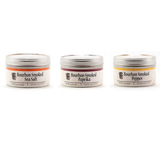 Bourbon Barrel Foods bundle front packaging showing three smoked spice jars, enhances grilling flavor