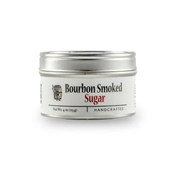 Bourbon Barrel Foods smoked sugar tin front showing label and oak-smoked benefit