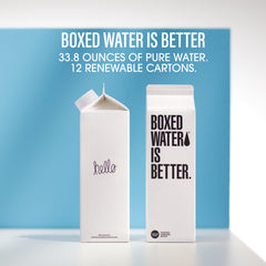Boxed Water Is Better side label close-up showing sustainable sourcing info and recycling callout