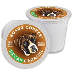 Boxer Coffee front packaging of 48-count caramel decaf pods showing recyclable box and branding benefit