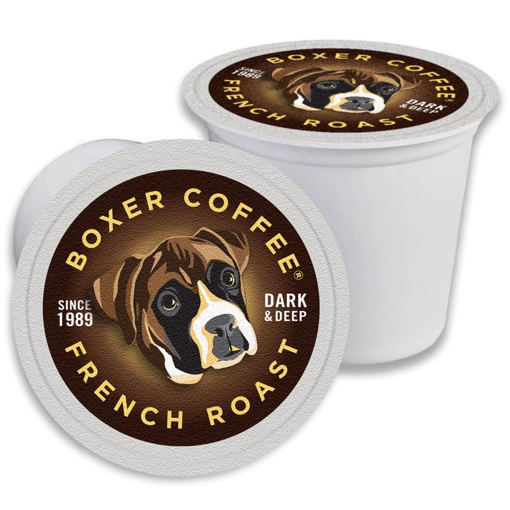 Boxer Coffee front packaging showing 48-count box and eco message, highlights value