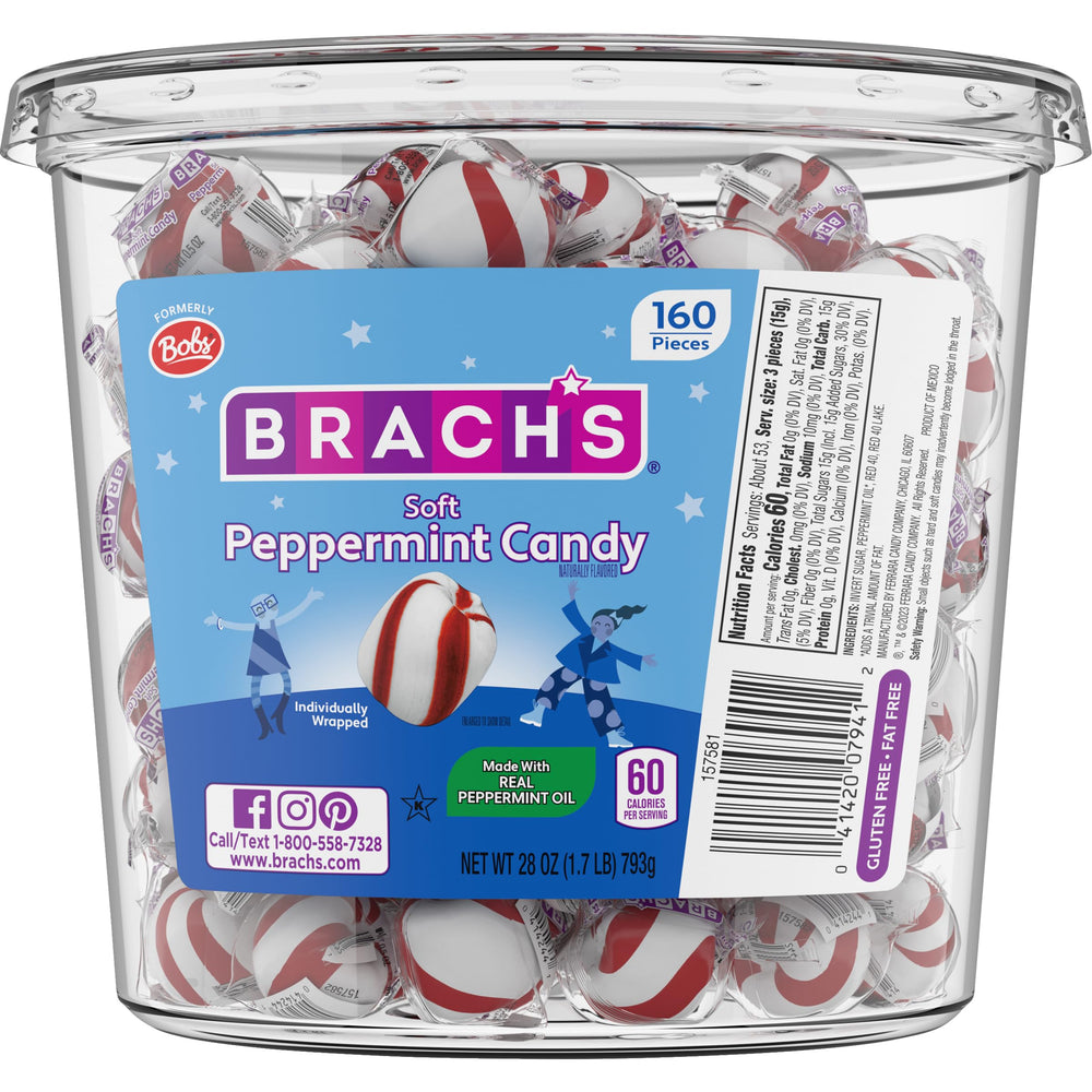 Brach's tub front view showing 160-count peppermint mints and resealable lid for sharing