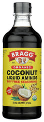 Bragg coconut liquid aminos bottle front view shows organic label and versatile seasoning