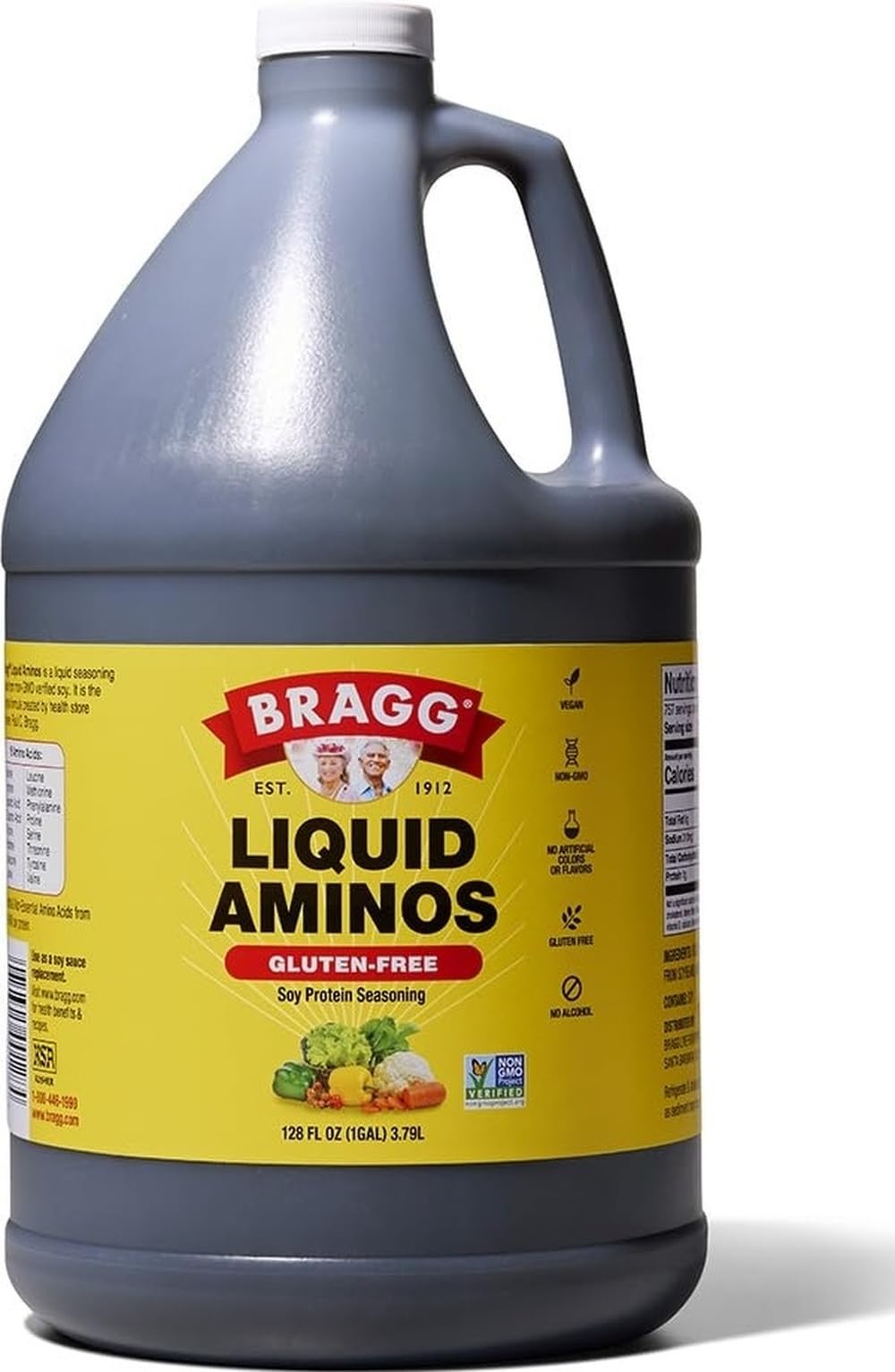 Bragg bottle front view showing label and size, highlights reliable umami
