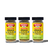 Bragg sprinkle front packaging showing three 1.5oz shakers and clear labeling, enhances convenience