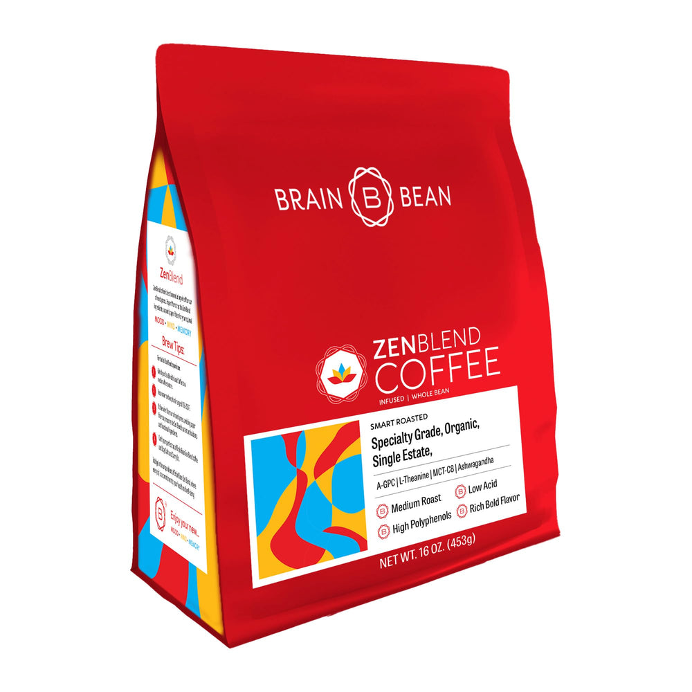 Brain Bean front packaging showing 16 oz bag and ingredient highlights for clean focus