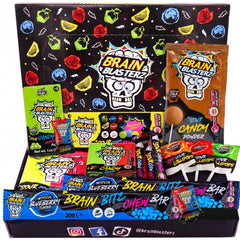 Brain Blasterz front box showing colorful sour candy assortment and fun packaging