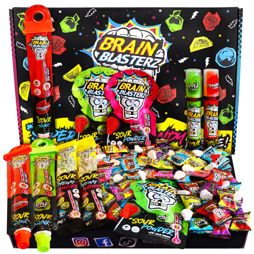 Brain Blasterz front packaging showing gift-ready box and branding benefit: instant party-ready treat