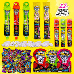 Brain Blasterz open box arrangement revealing 22 individually wrapped candies for easy sharing