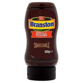 Branston bottle front view showing label and squeezable cap, convenient storage