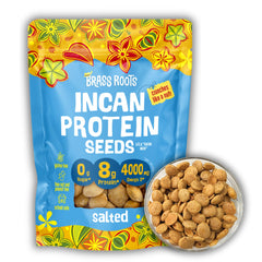 BRASS ROOTS front packaging showing 10 oz pouch and salted sacha inchi