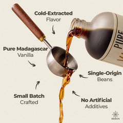 BRBON bottle with Madagascar vanilla beans illustrating single-origin quality