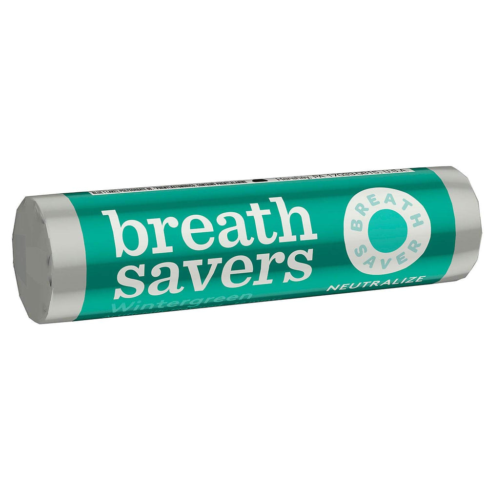 Breath Savers front tube showing wintergreen mints and portable freshness