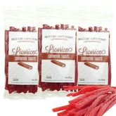 Bricktown Goods front packaging showing three 8oz cinnamon licorice bags, festive appeal