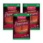 Bridgford front packaging 4 oz sliced turkey pepperoni, convenient portioning