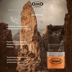 Bristot grounds close-up revealing fine espresso texture for even extraction