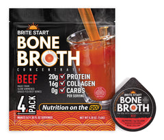 Brite Start front packaging showing single-serve beef broth packets and benefits