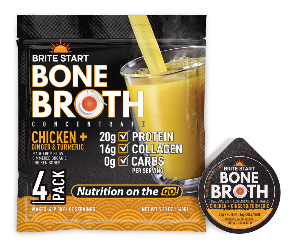 Brite Start front packaging showing chicken ginger turmeric flavor and single-serve packets for convenience