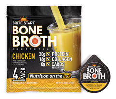 Brite Start front packaging showing chicken bone broth packets and benefits