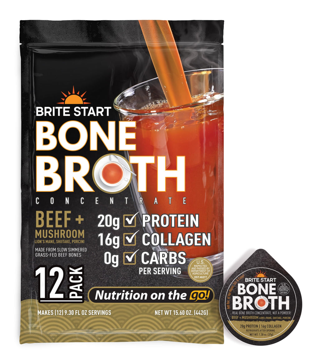Brite Start front packaging showing 12-count beef mushroom broth and benefits