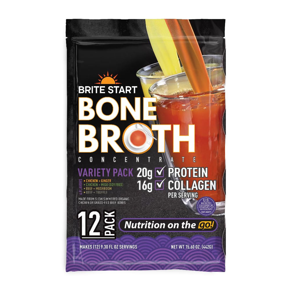 Brite Start front packaging showing the 12-count variety pack and flavor names, convenient portability