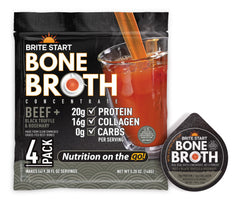 Brite Start front packaging showing four single-serve beef bone broth packets and brand label