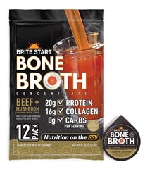 Brite Start front packaging showing 12-count beef mushroom broth and benefits