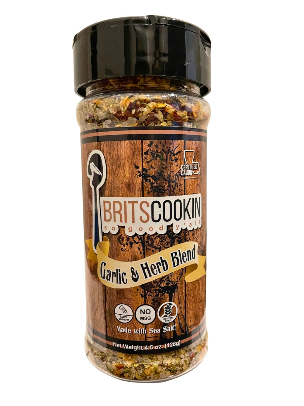 Britscookin front label on 4.5 oz bottle showing clear brand and benefits