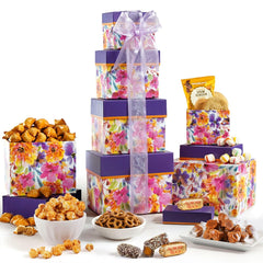 Broadway Basketeers front packaging showing neat five-box gift tower, perfect presentation