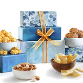 Broadway Basketeers front packaging showing ribboned snack tower and instant gift appeal