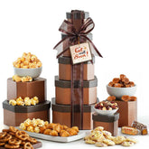 Broadway Basketeers front packaging showing tower and cheerful ribbon, perfect for gifting