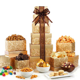 Broadway Basketeers front packaging showing elegant glittering gold tower and ready-to-gift presentation benefit