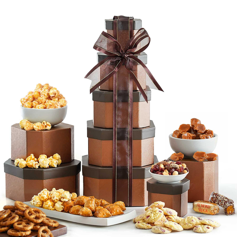 Broadway Basketeers front packaging showing gift-ready tower and premium presentation